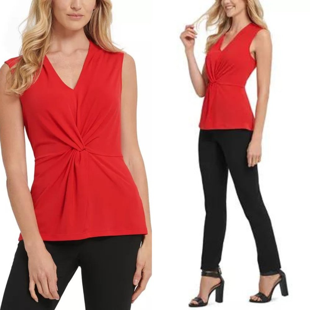 DKNY || NWT || Women's Twist-Front Sleeveless V-Neck Top || Red